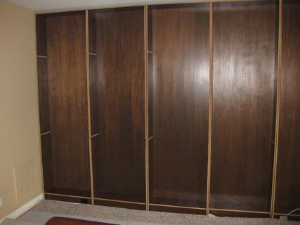 The basic boxes in the room. It took a long time to get to this point, I should have taken more photos of the process. There are still 40 shelves to finish and I need to make the trim. Also hard to see in the photo are the 932 holes for the adjustable shelf pins.